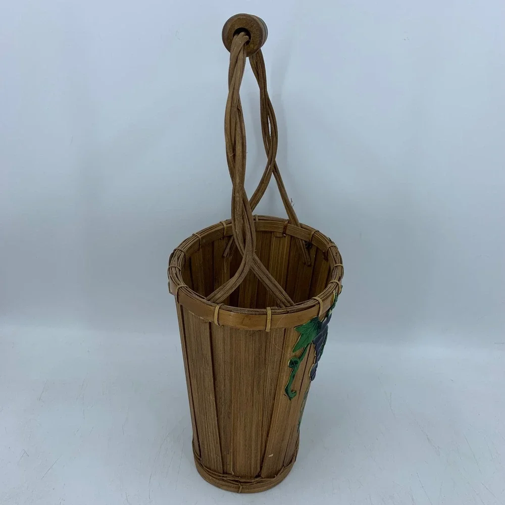 Vtg Woven Bamboo Grape Basket Cottagecore Painted Fruit Decor Rustic Country